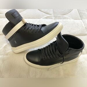 $995 Buscemi Black and White Italian Leather Mid-Top Sneakers 44 10.5/11